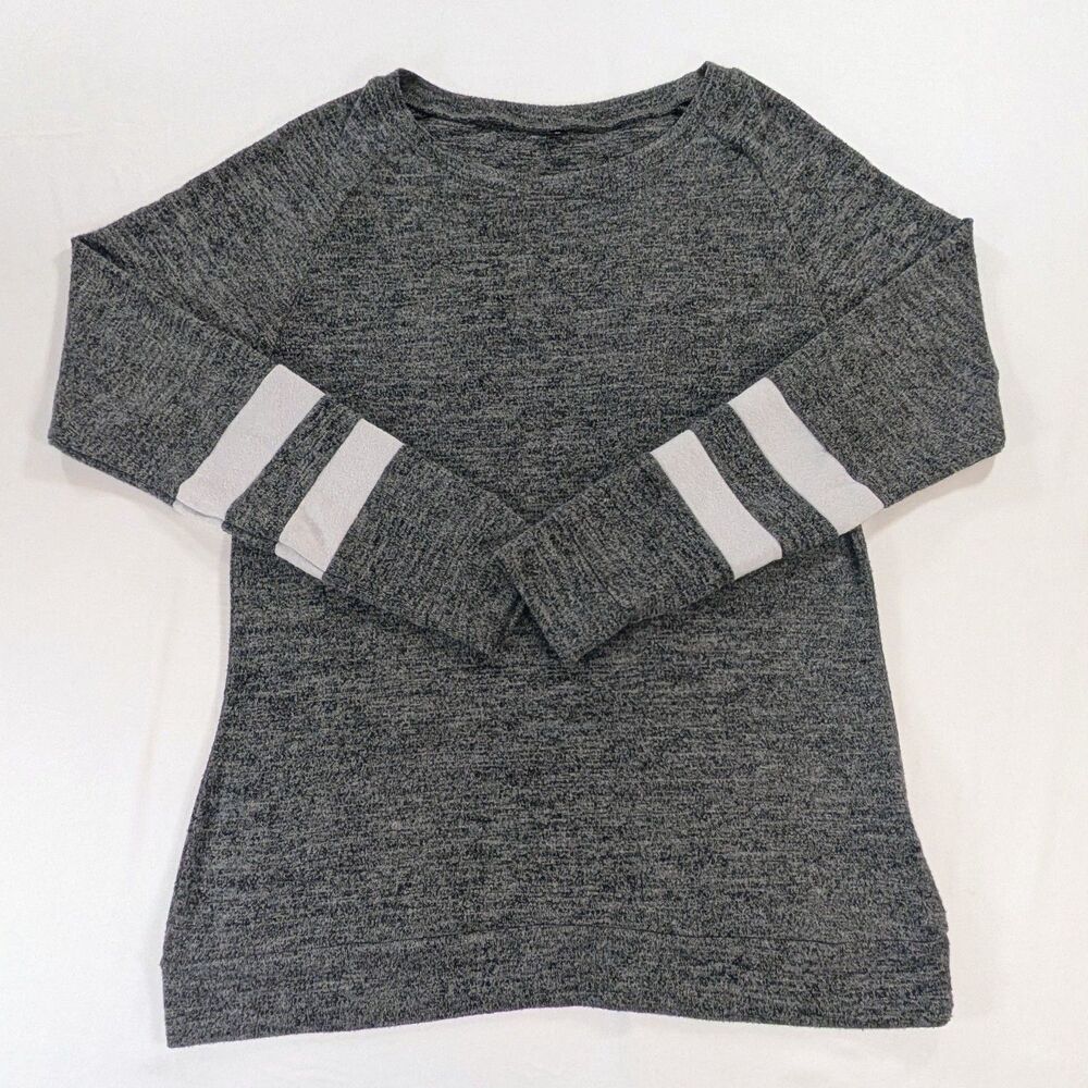 Gray White Stripe Womens Large Shirt Long Sleeve Raglan Tee Stretch Pullover